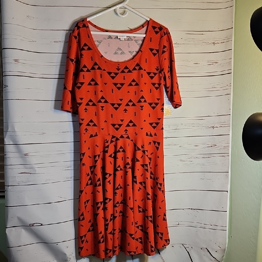 LuLaRoe Nicole Orange Black Geometric Triangle Print Fit Flare Dress 3XL